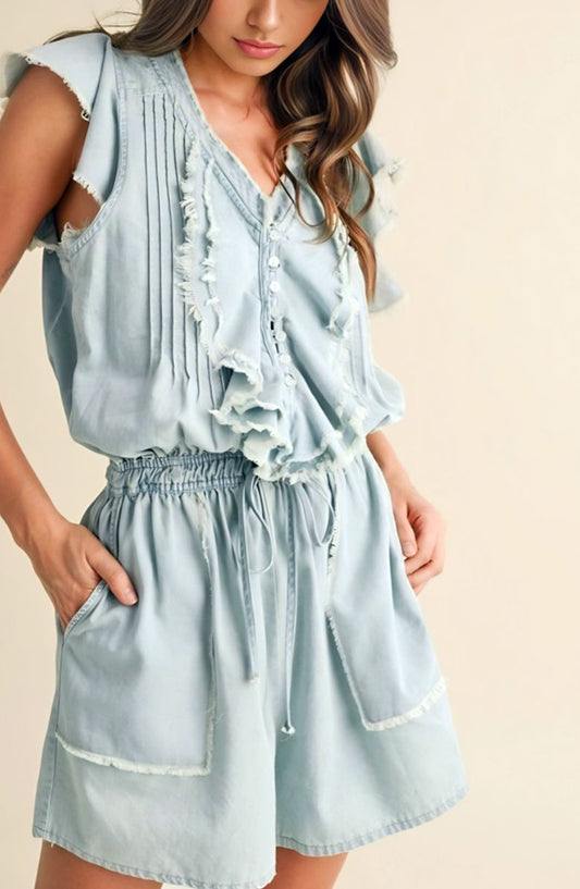 Sleeveless Button-Front Romper with Ruffle Trim Detail Elastic Waist and Large Patch Pockets