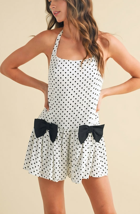 Polka Dot Halter Babydoll Mini Dress with Drop Waist and Oversized Bow Details