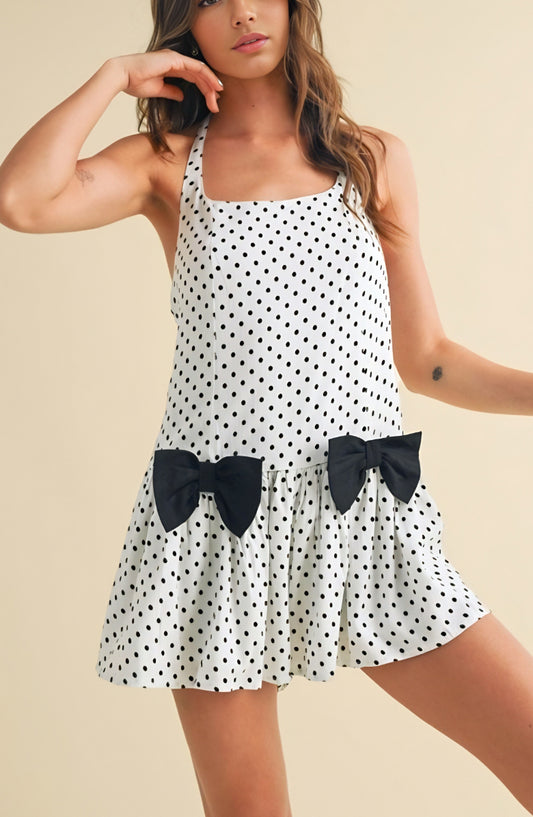 Polka Dot Halter Babydoll Mini Dress with Drop Waist and Oversized Bow Details