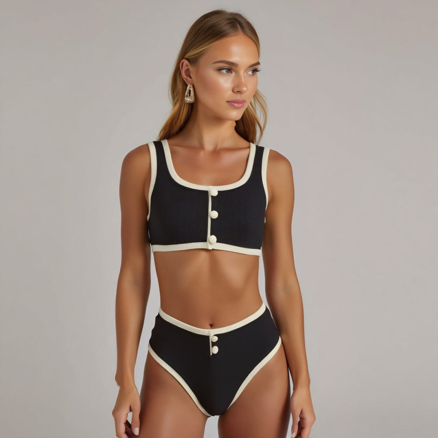 Retro Inspired Contrast Trim Bikini Set with Decorative Buttons