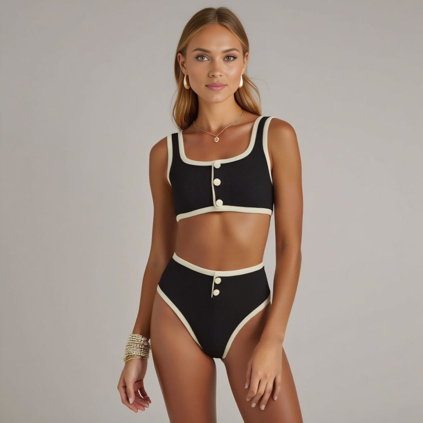 Retro Inspired Contrast Trim Bikini Set with Decorative Buttons
