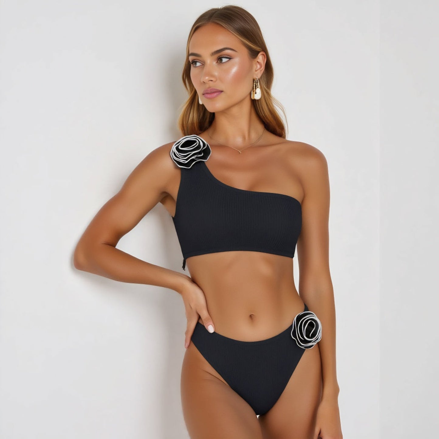 One Shoulder Ribbed Bikini Set with 3D Rosette Appliqué Detail
