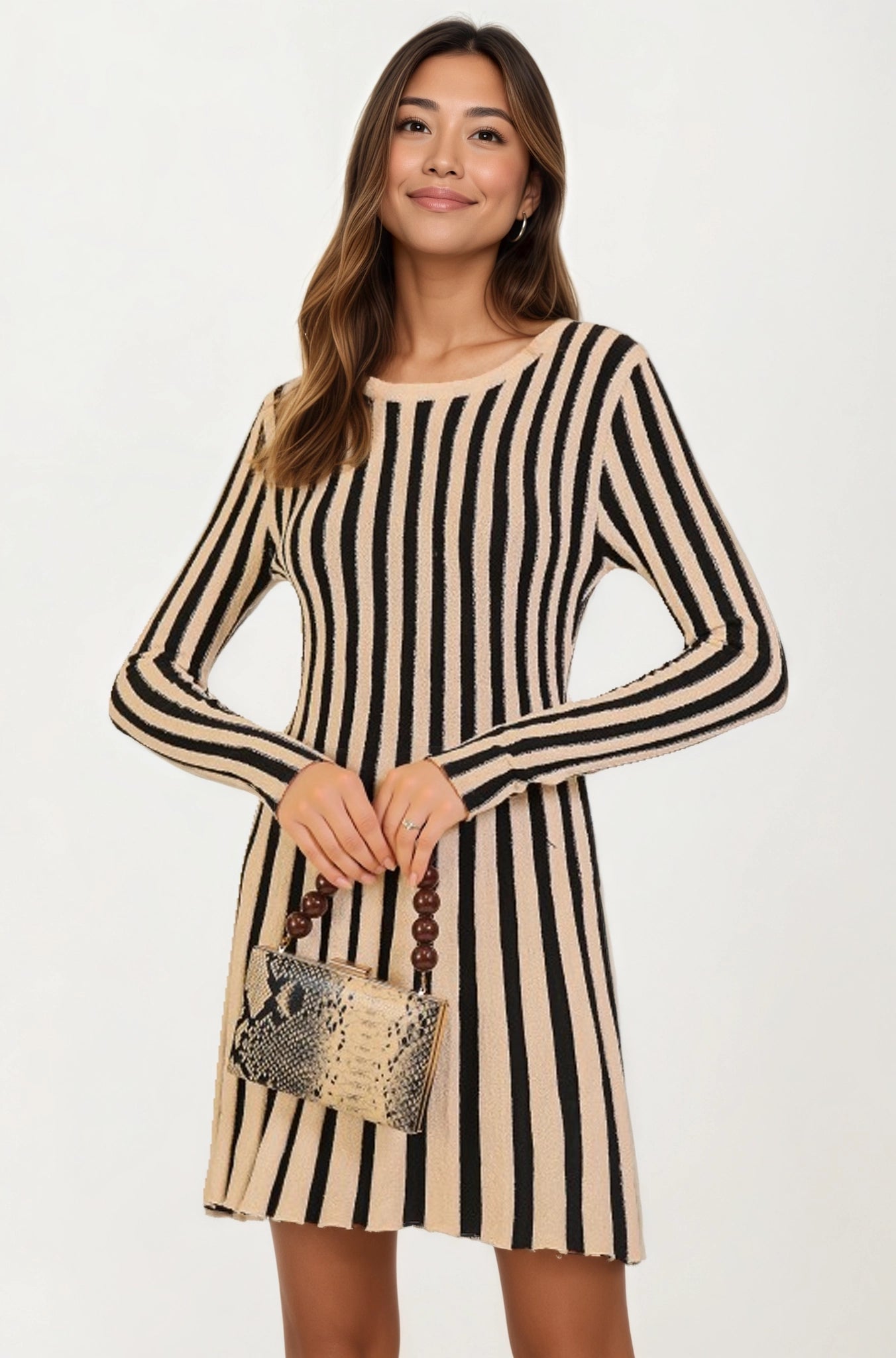 Striped Long Sleeve Knit Mini Dress with Flattering Fit
