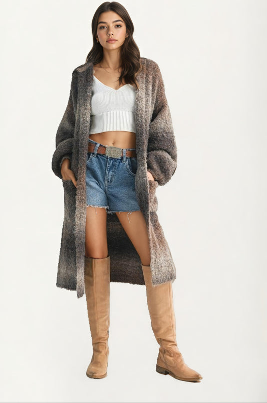Longline Ombre Brushed Knit Coat With Relaxed Silhouette
