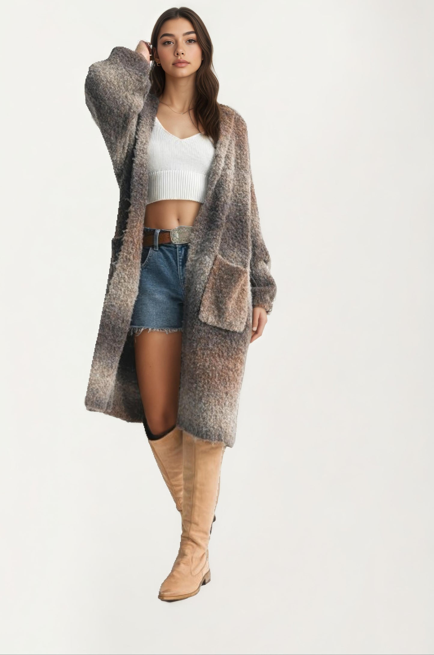 Longline Ombre Brushed Knit Coat With Relaxed Silhouette