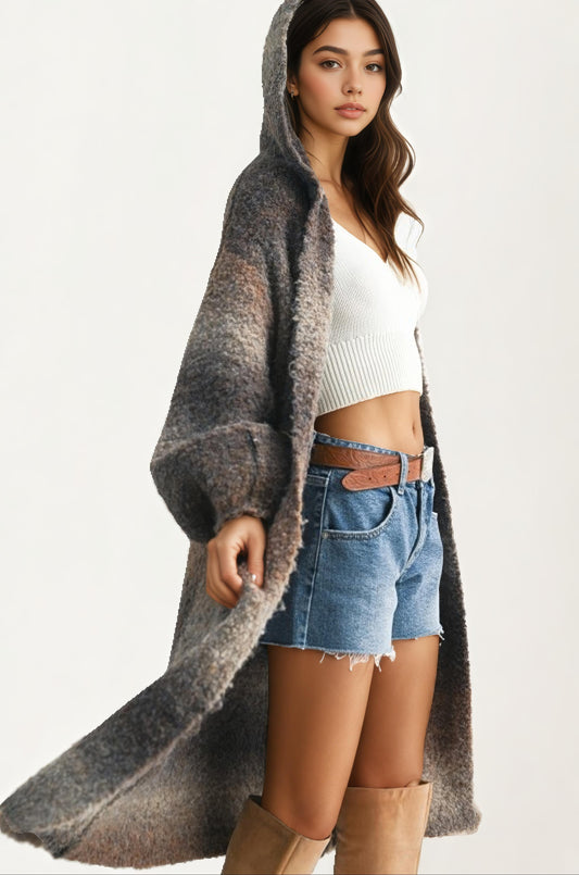 Longline Ombre Brushed Knit Coat With Relaxed Silhouette