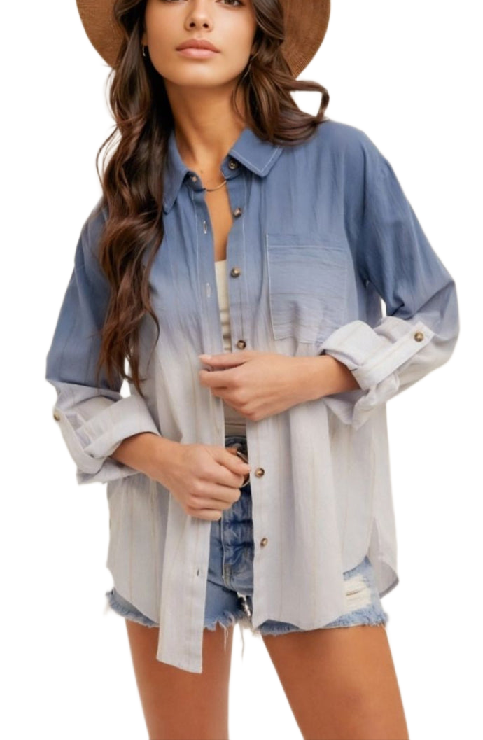 Blue Ombre Button-Down Shirt with Roll-Tab Sleeves