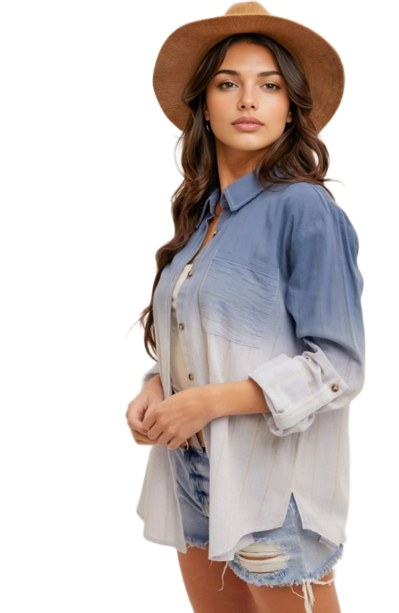 Blue Ombre Button-Down Shirt with Roll-Tab Sleeves