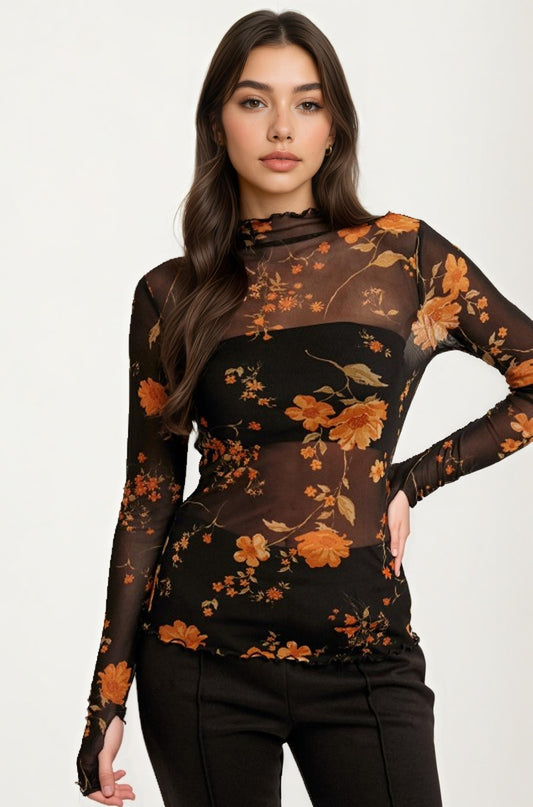 Sheer Black Mesh Top with Burnt Orange Floral Print