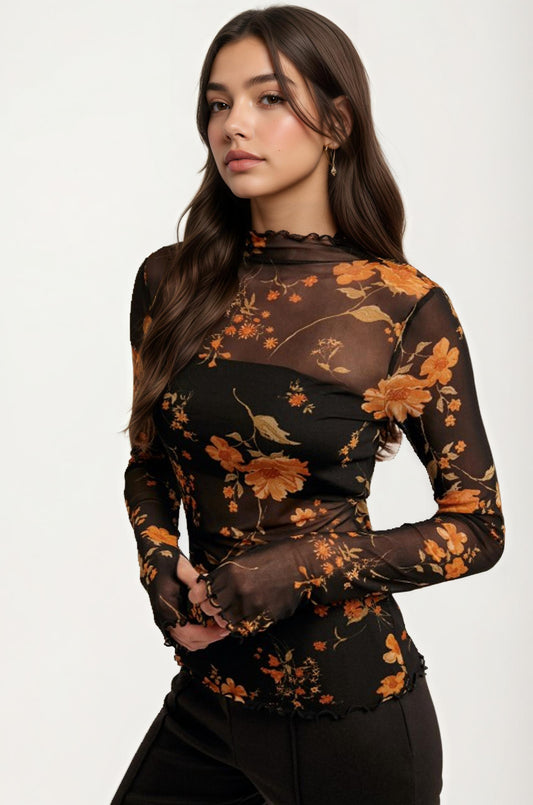 Sheer Black Mesh Top with Burnt Orange Floral Print