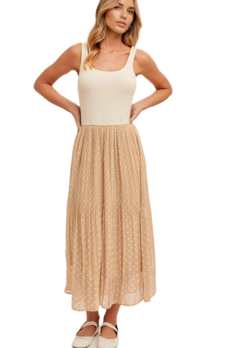 Sleeveless Scoop Neck Dress with Pleated Polka Dot Chiffon Skirt and Fitted Bodice