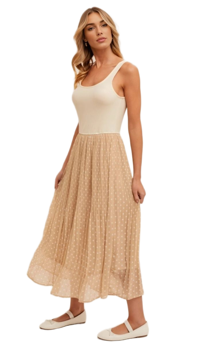 Sleeveless Scoop Neck Dress with Pleated Polka Dot Chiffon Skirt and Fitted Bodice