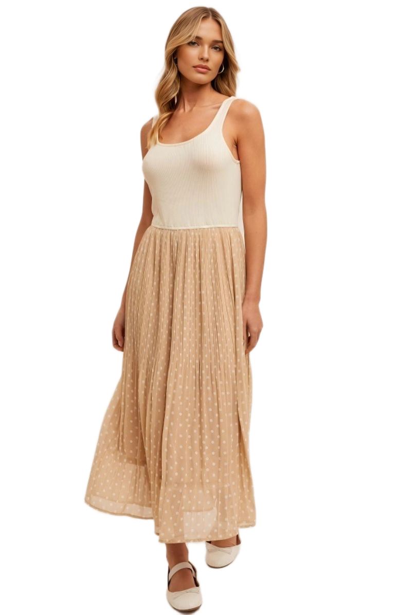 Sleeveless Scoop Neck Dress with Pleated Polka Dot Chiffon Skirt and Fitted Bodice