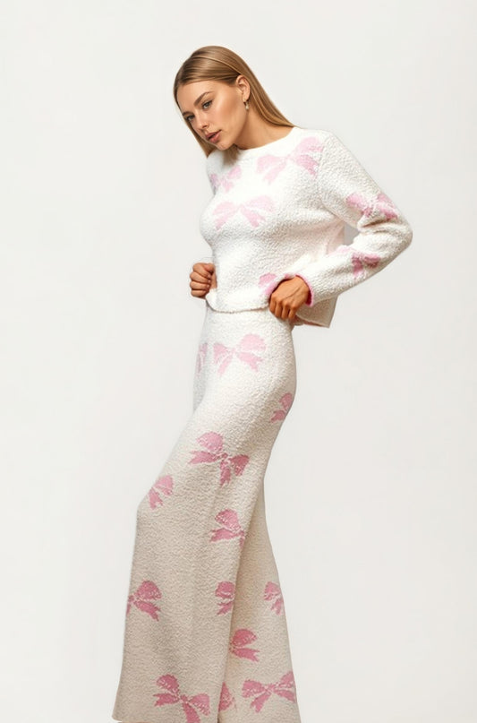 Ivory Knit Set with Pink Bow Motif