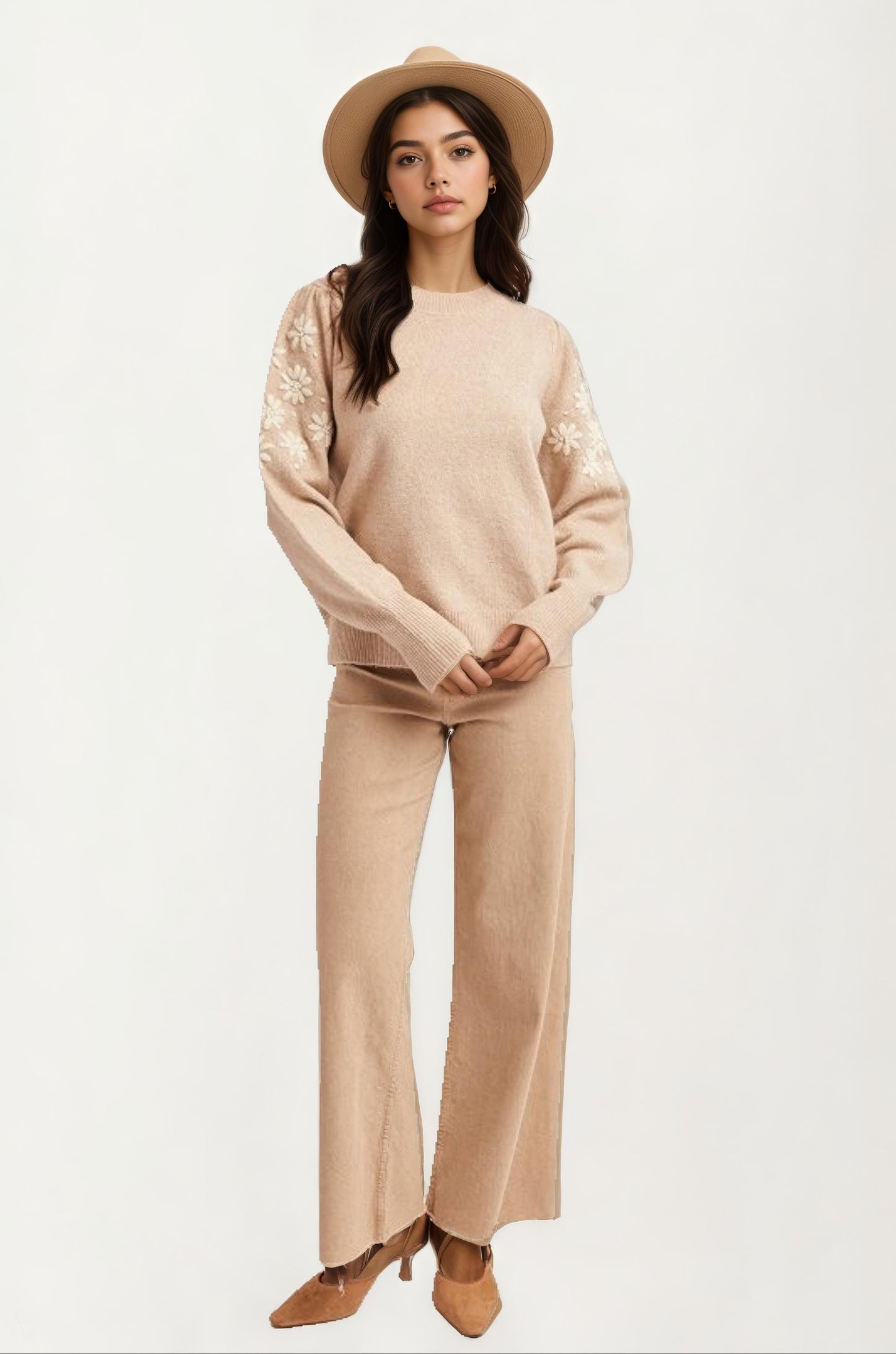 Embroidered Puff Sleeve Sweater In Soft Beige Knit