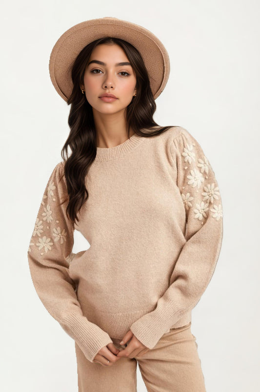 Embroidered Puff Sleeve Sweater In Soft Beige Knit