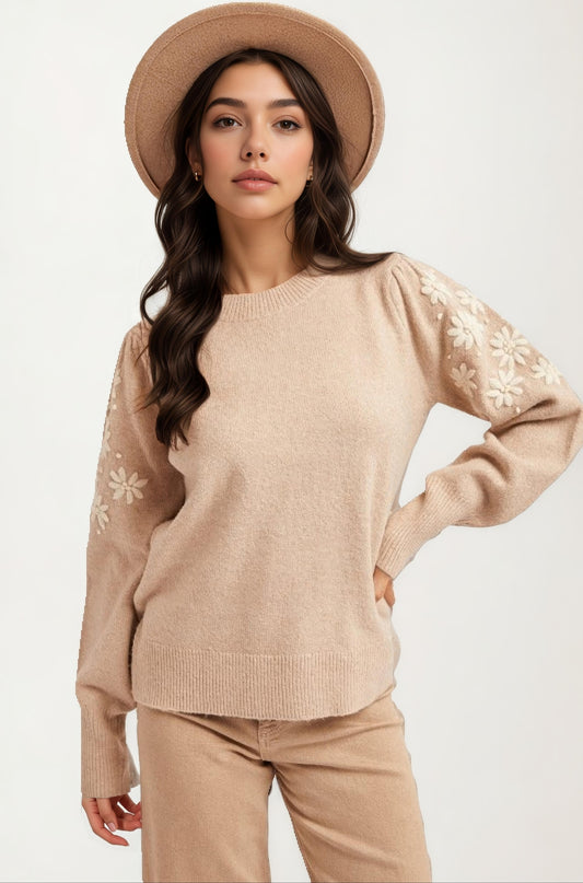 Embroidered Puff Sleeve Sweater In Soft Beige Knit