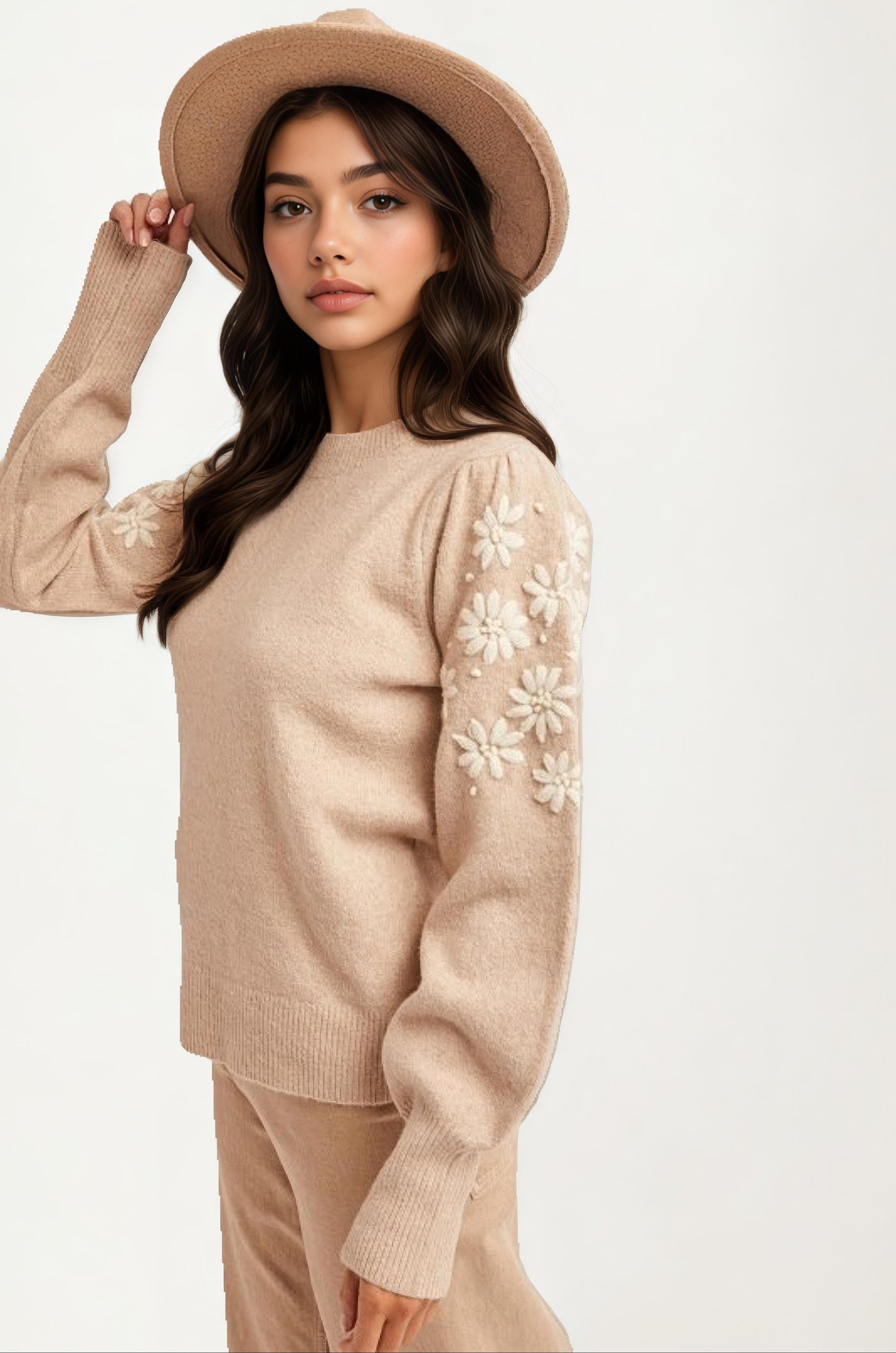 Embroidered Puff Sleeve Sweater In Soft Beige Knit