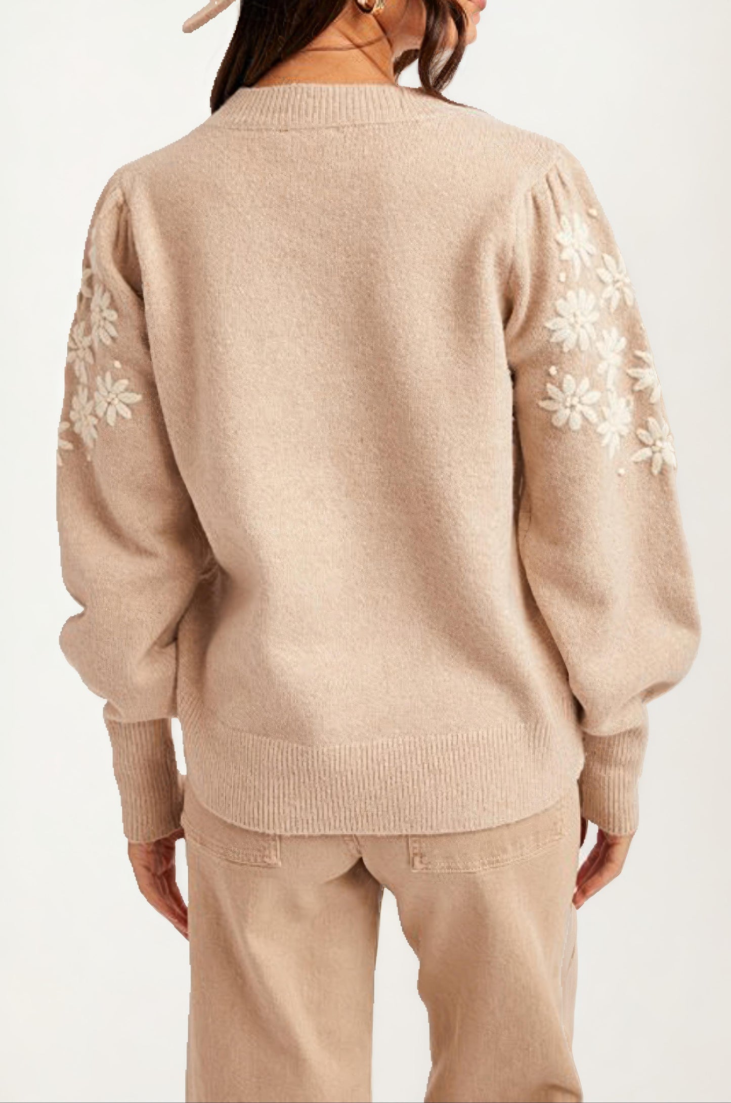 Embroidered Puff Sleeve Sweater In Soft Beige Knit