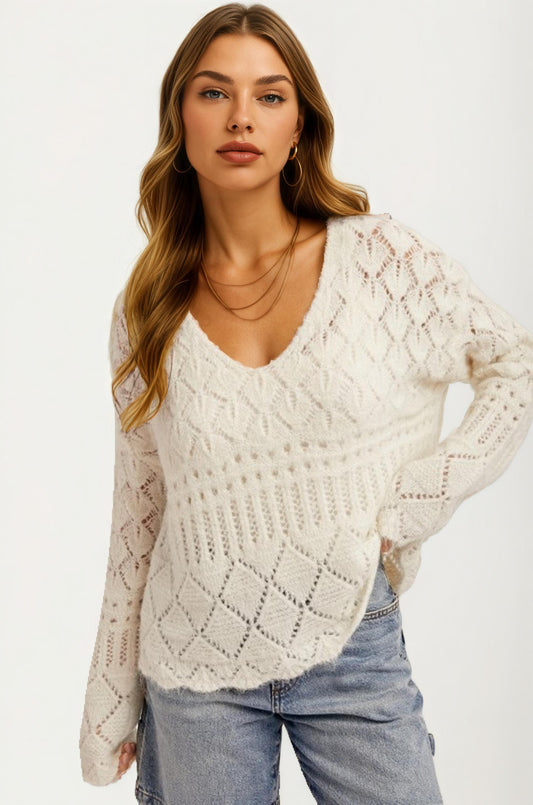 Ivory Pointelle Knit V-Neck Pullover Sweater with Relaxed Fit