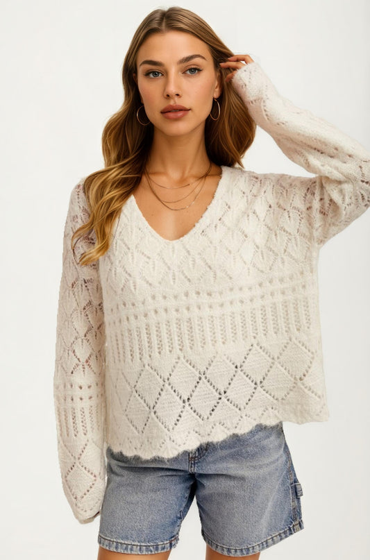 Ivory Pointelle Knit V-Neck Pullover Sweater with Relaxed Fit