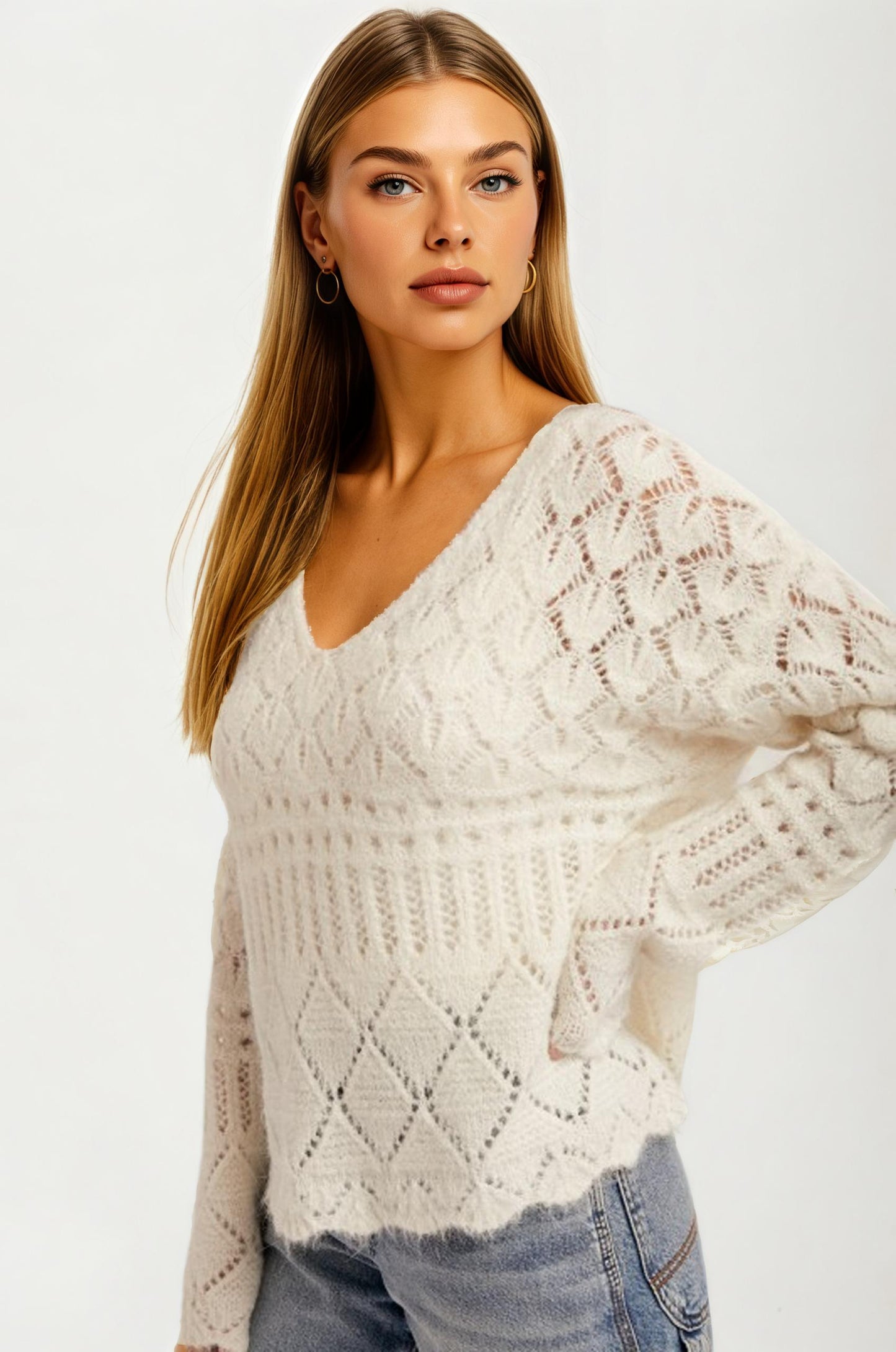 Ivory Pointelle Knit V-Neck Pullover Sweater with Relaxed Fit