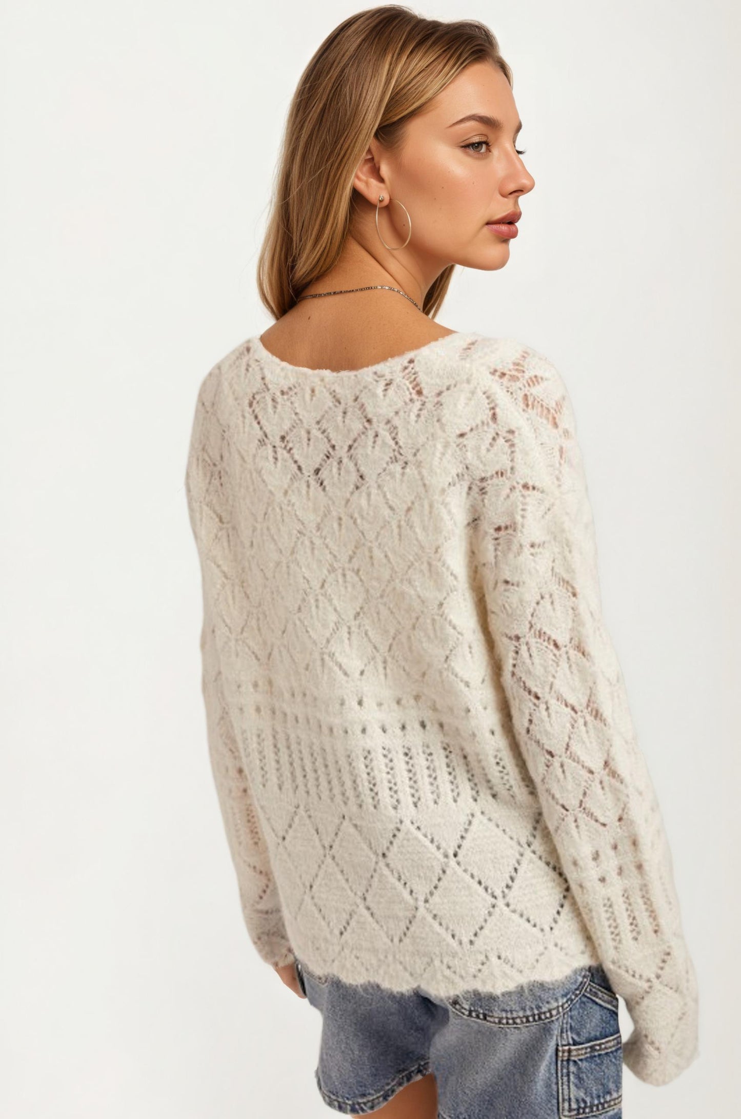 Ivory Pointelle Knit V-Neck Pullover Sweater with Relaxed Fit
