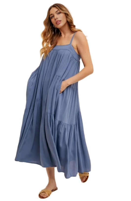 Blue Tiered Flowy Pocket Midi Dress