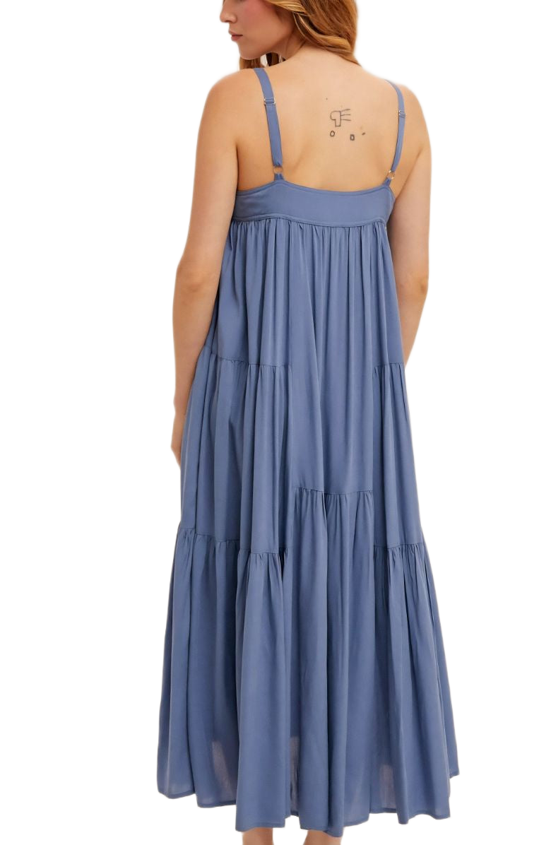 Blue Tiered Flowy Pocket Midi Dress