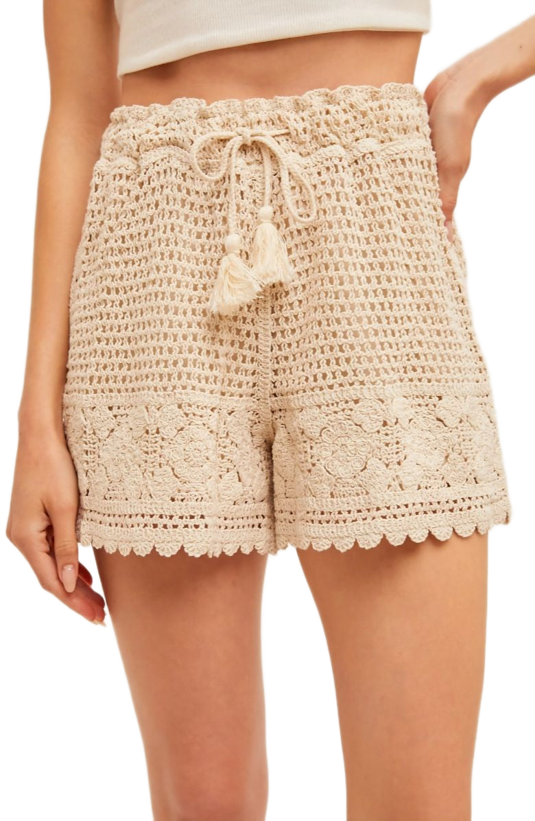 Beige Crochet Drawstring Shorts