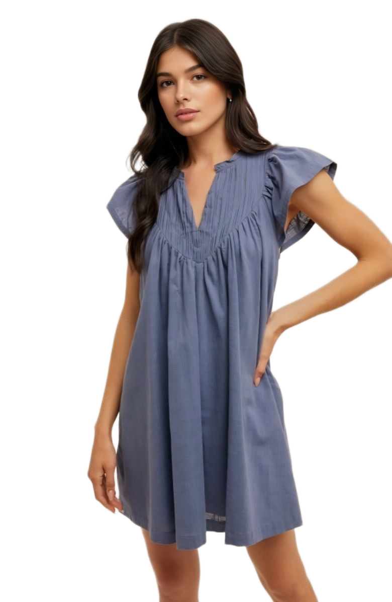 Pintuck Mini Dress V-Notch Neck Flutter Sleeves Relaxed Fit Soft Indigo