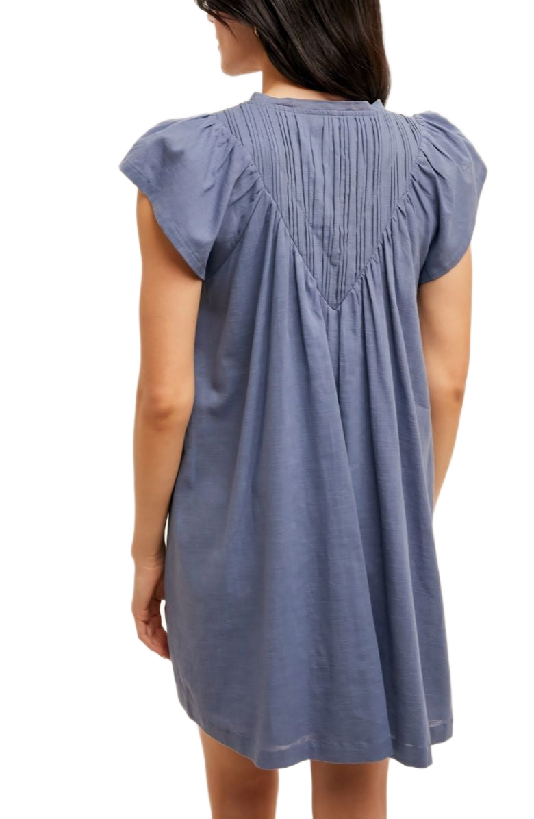 Pintuck Mini Dress V-Notch Neck Flutter Sleeves Relaxed Fit Soft Indigo