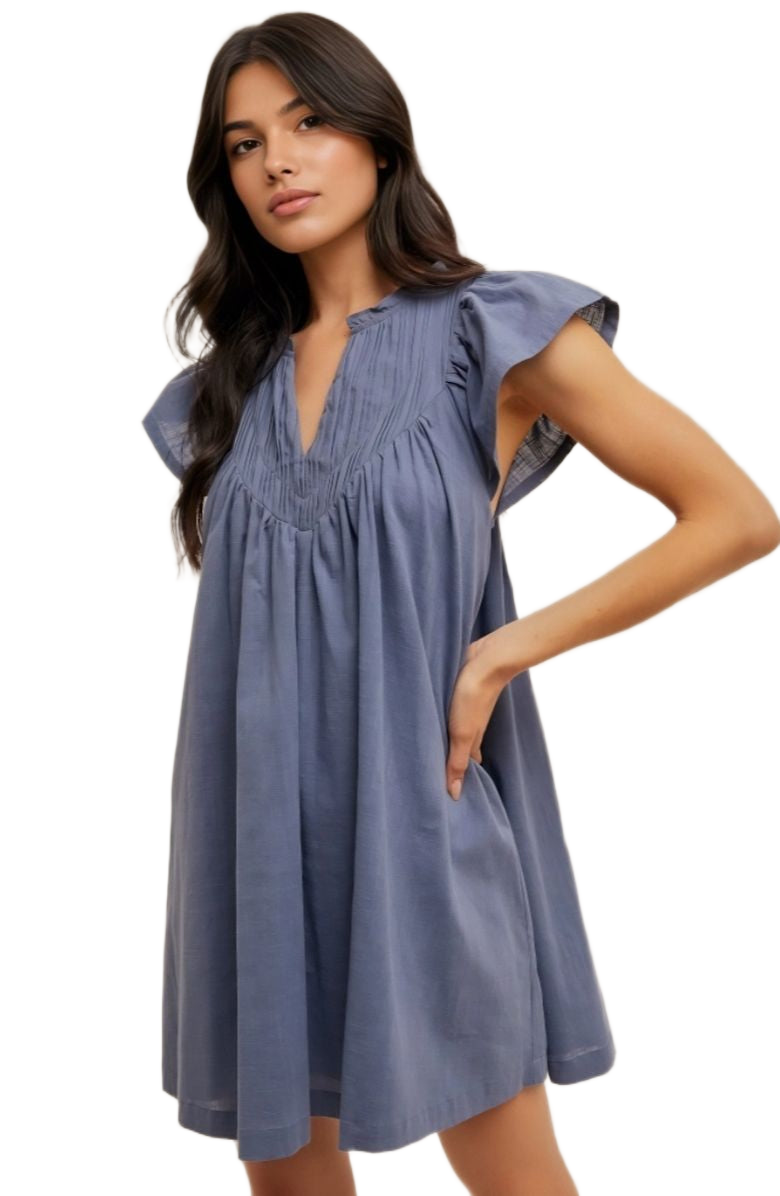 Pintuck Mini Dress V-Notch Neck Flutter Sleeves Relaxed Fit Soft Indigo