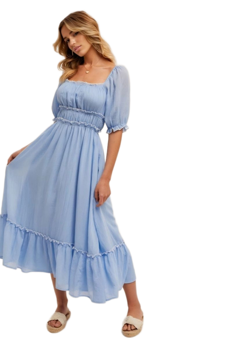 Puff Sleeve Square Neck Midi Dress with Tiered Skirt and Ruffle Trim