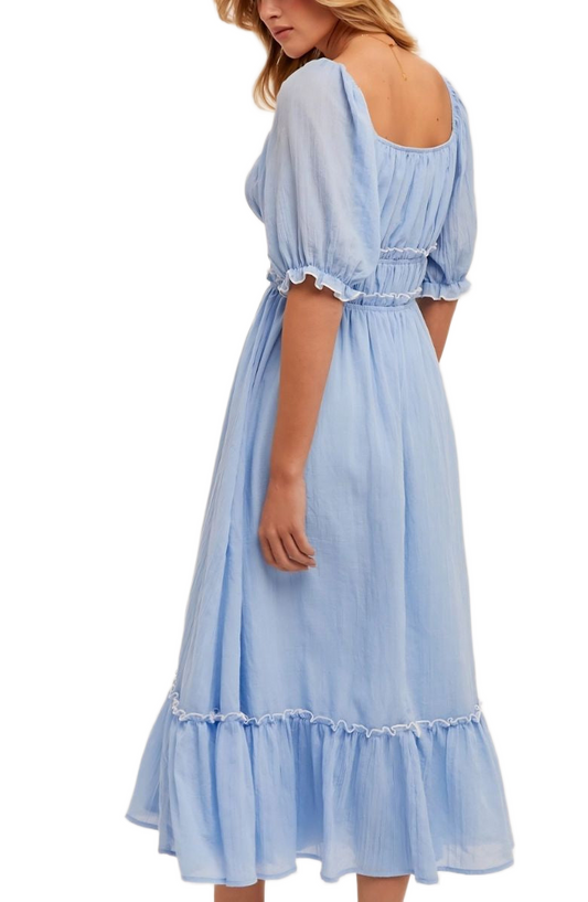 Puff Sleeve Square Neck Midi Dress with Tiered Skirt and Ruffle Trim