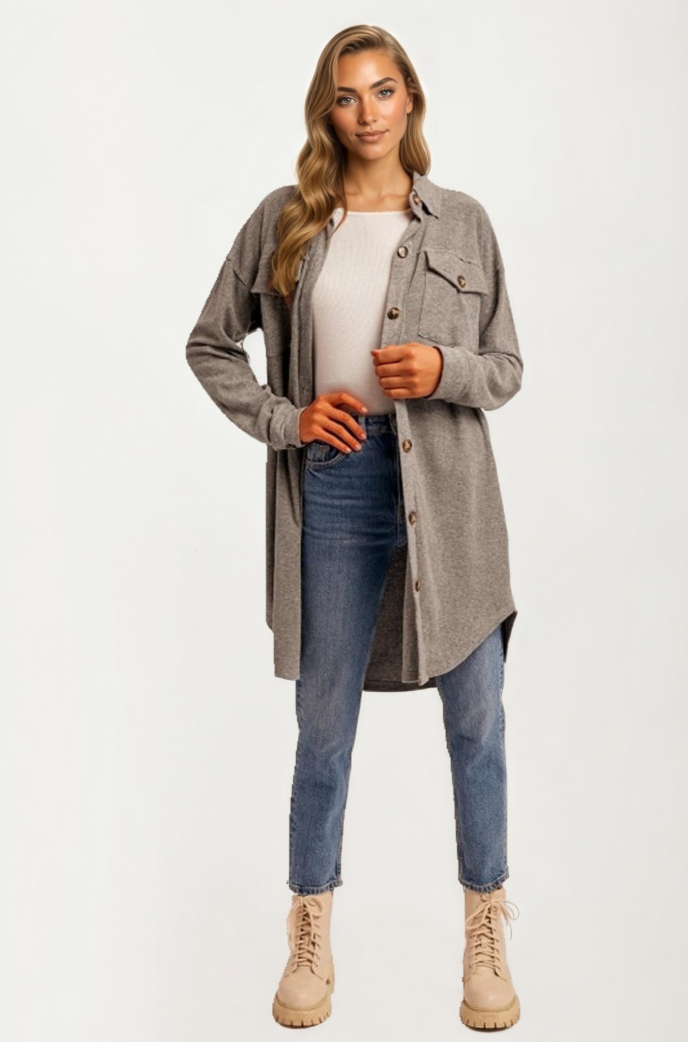 Longline Button Front Knit Shacket with Chest Pockets