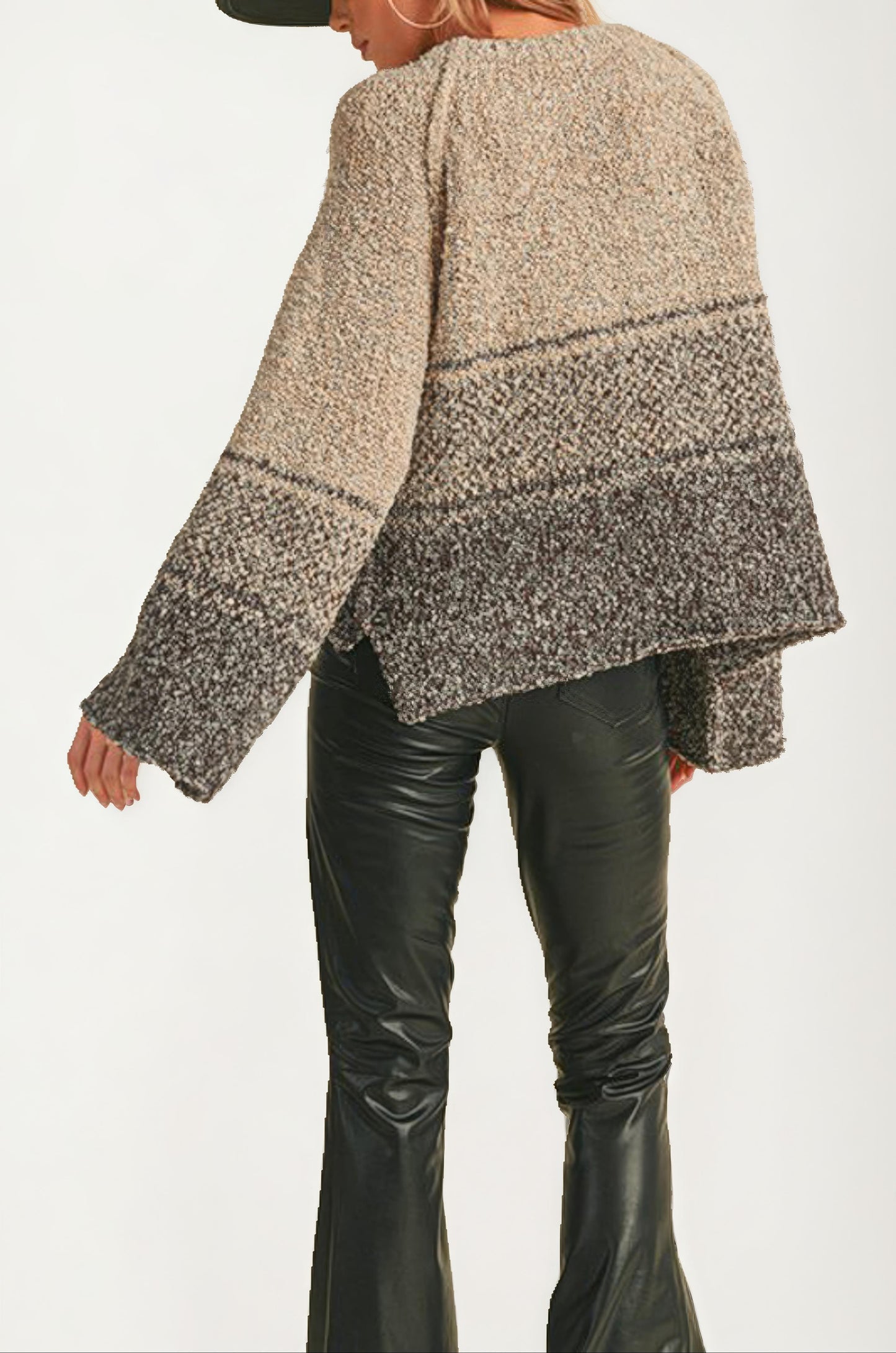 Textured Gradient Knit Pullover Sweater With Flare Sleeves