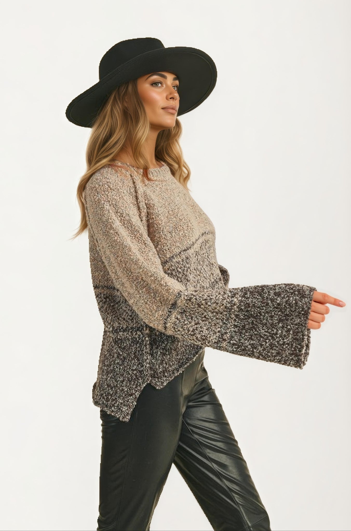 Textured Gradient Knit Pullover Sweater With Flare Sleeves