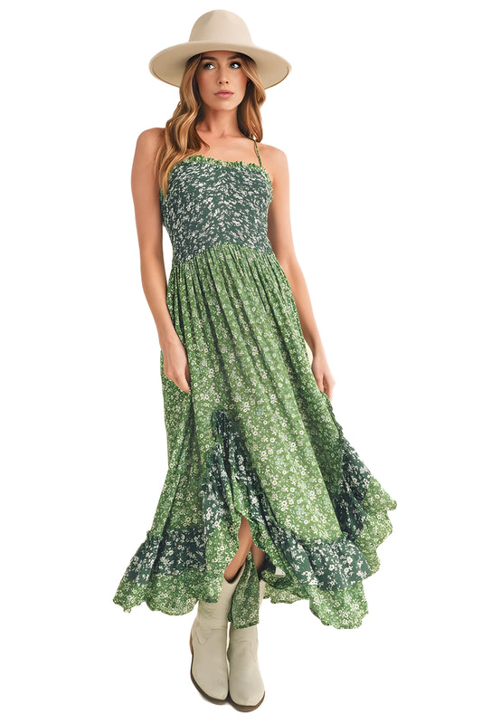Green Floral Tiered Maxi Dress with Spaghetti Straps