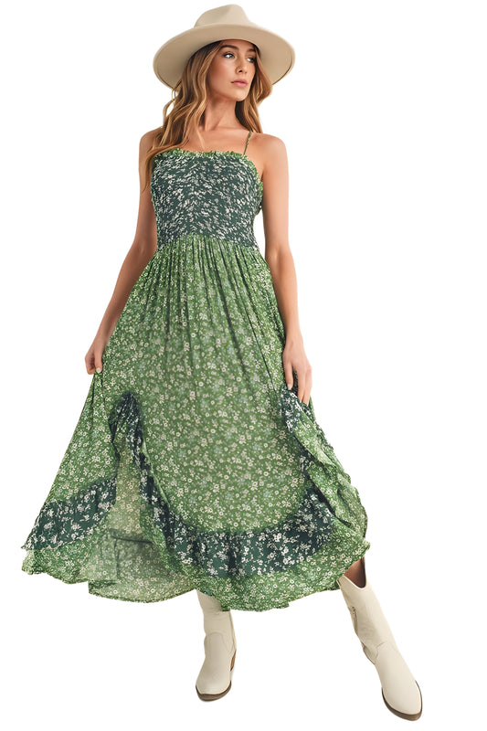 Green Floral Tiered Maxi Dress with Spaghetti Straps