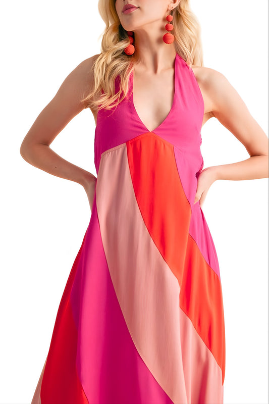 Halter Neck Colorblock Maxi Dress