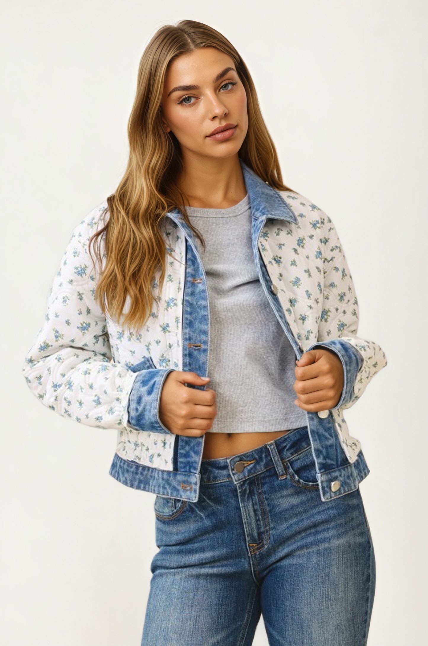 Floral Quilted Jacket with Denim Trim and Button Front