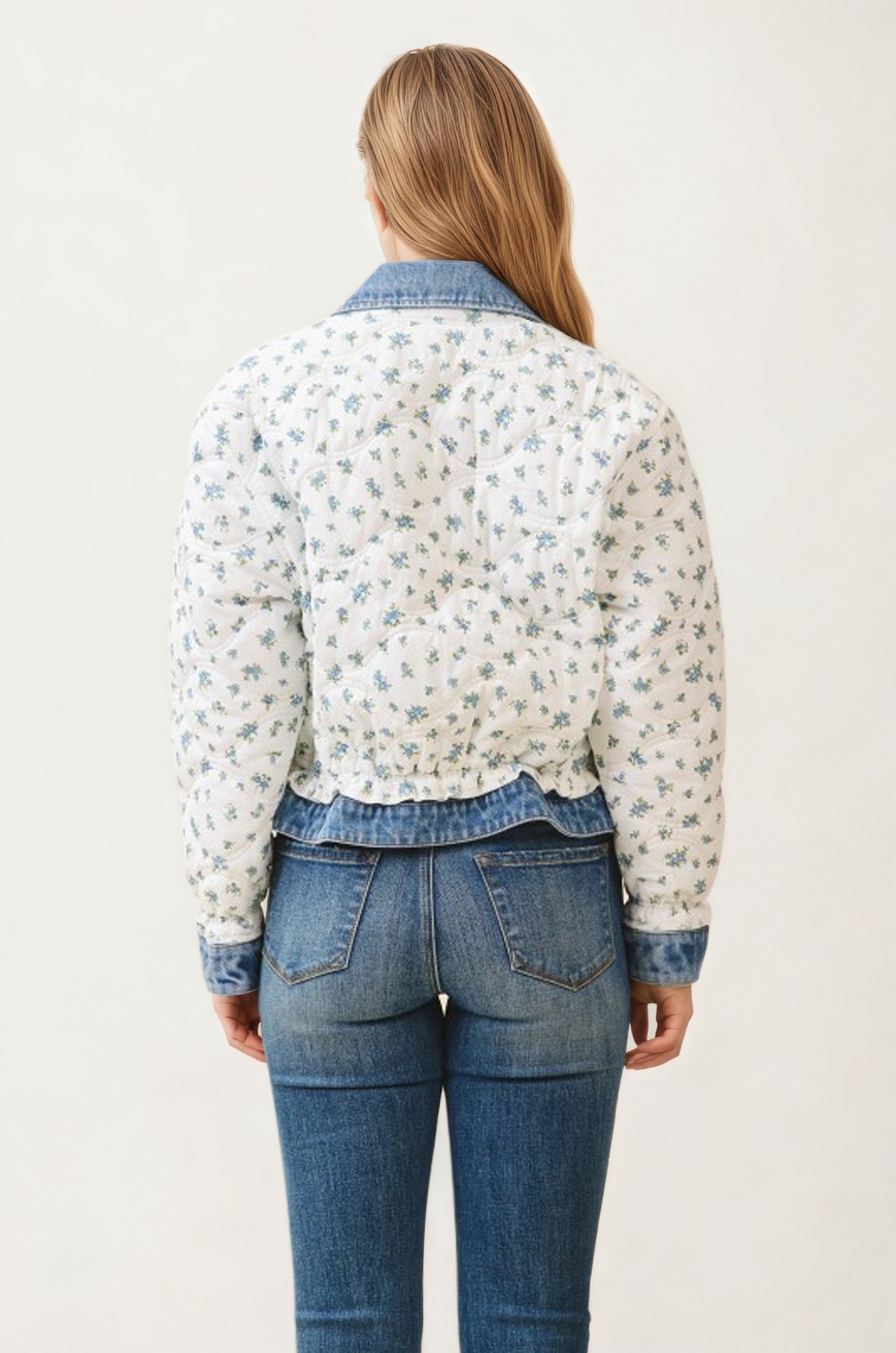 Floral Quilted Jacket with Denim Trim and Button Front