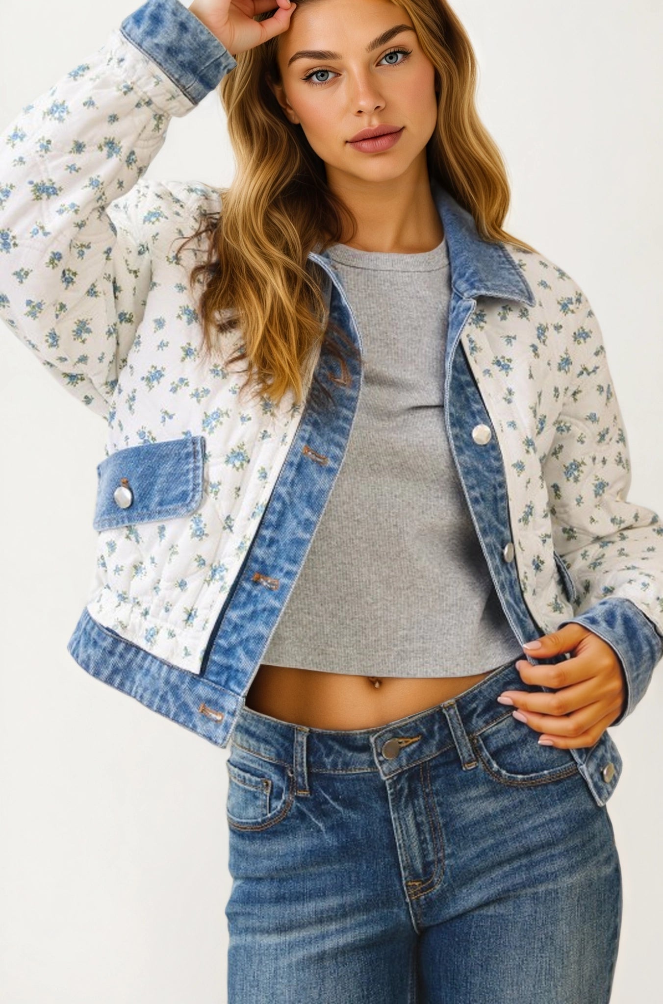 Floral Quilted Jacket with Denim Trim and Button Front