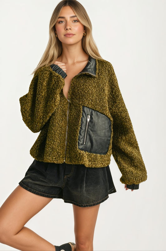 Faux Leather Trim Textured Zip-Up Jacket With Pocket Detail