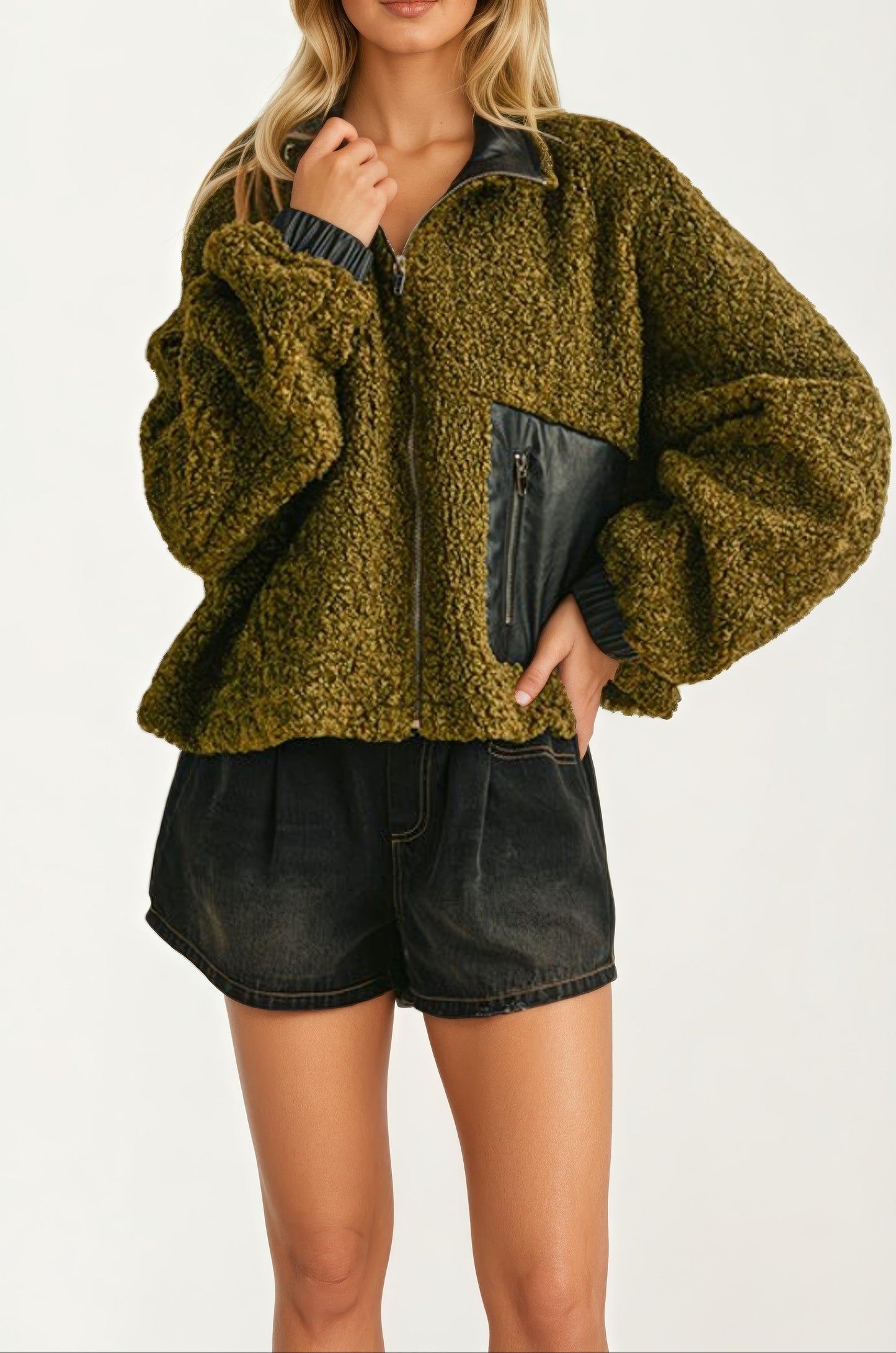 Faux Leather Trim Textured Zip-Up Jacket With Pocket Detail