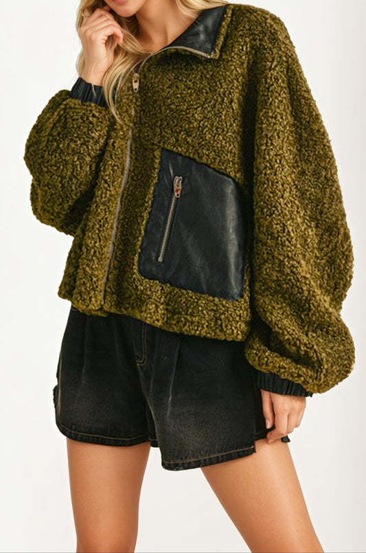 Faux Leather Trim Textured Zip-Up Jacket With Pocket Detail