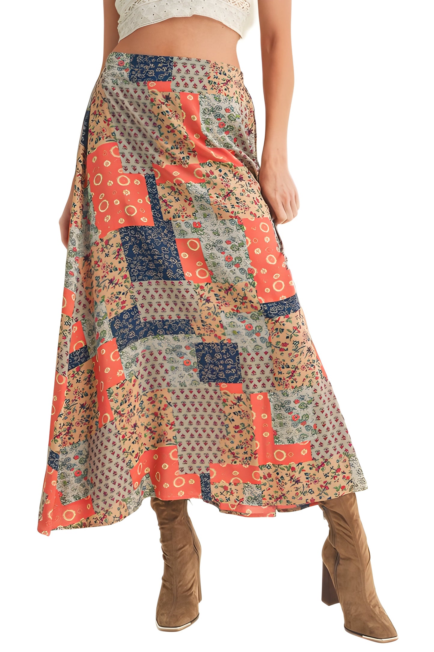Patchwork Print A-Line Maxi Skirt