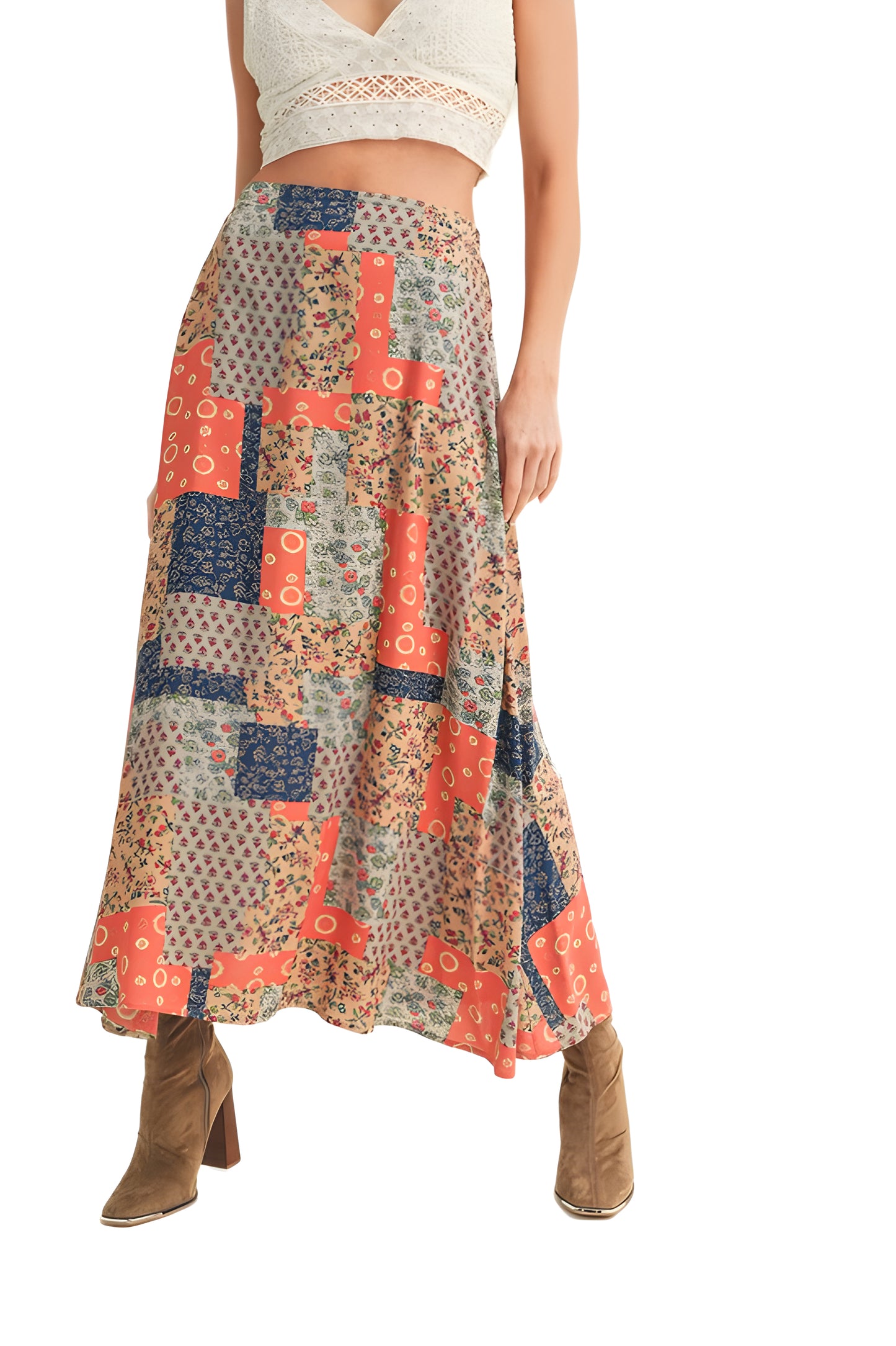 Patchwork Print A-Line Maxi Skirt