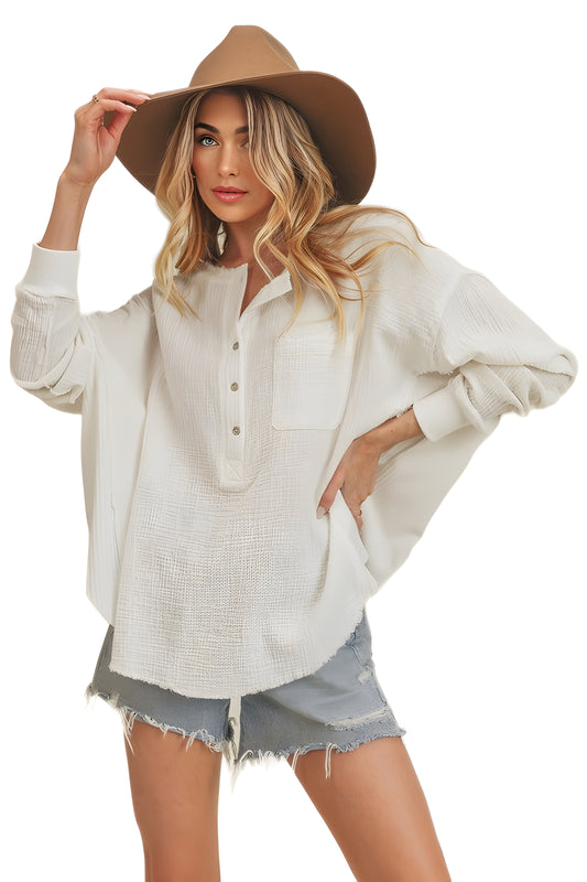 White Button-Front Textured Oversized Top